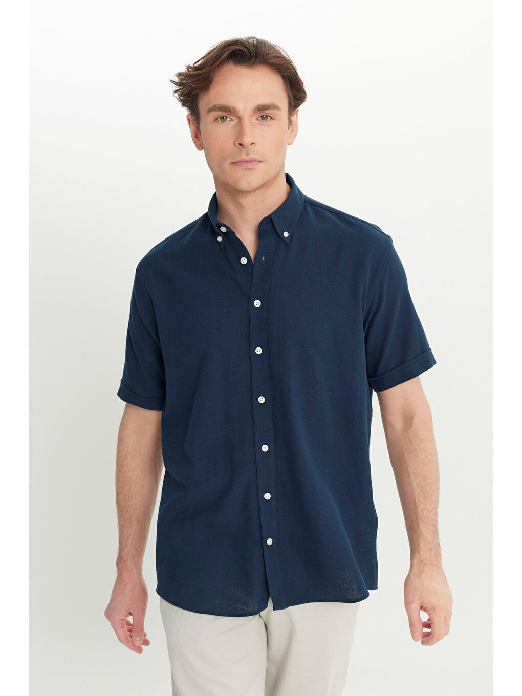 Erkek Lacivert %100 Pamuk Comfort Fit Rahat Kesim Düğmeli Gömlek Yaka Armürlü Gömlek-5