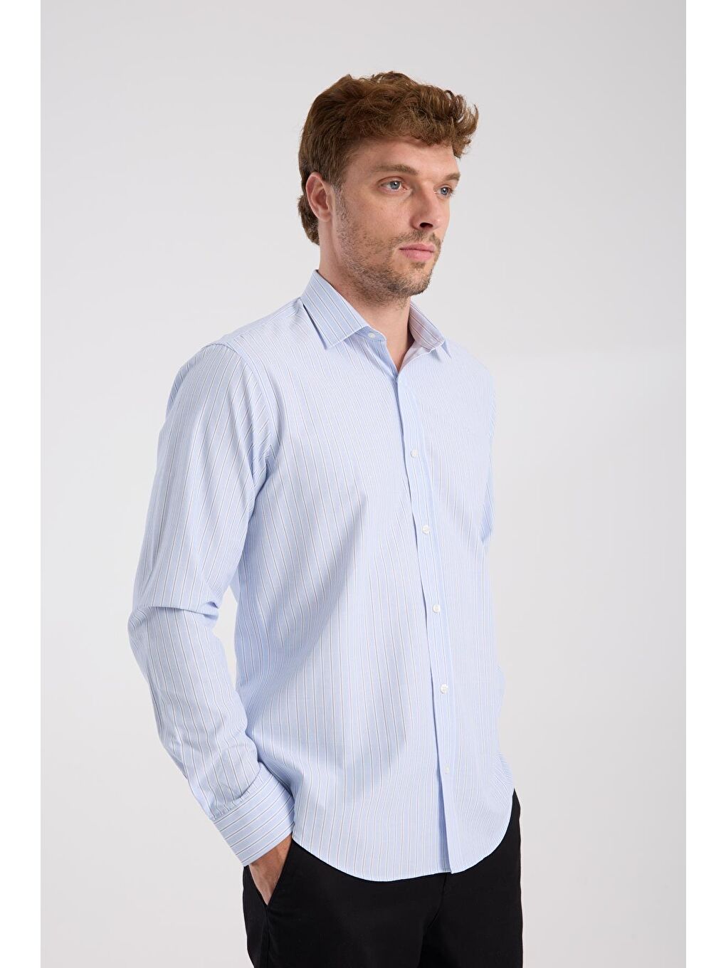 Aclub Ac10080 Oxford Pamuk Karışımlı Slim Fit Açık Mavi Klasik Yaka Erkek Çizgili Gömlek-5