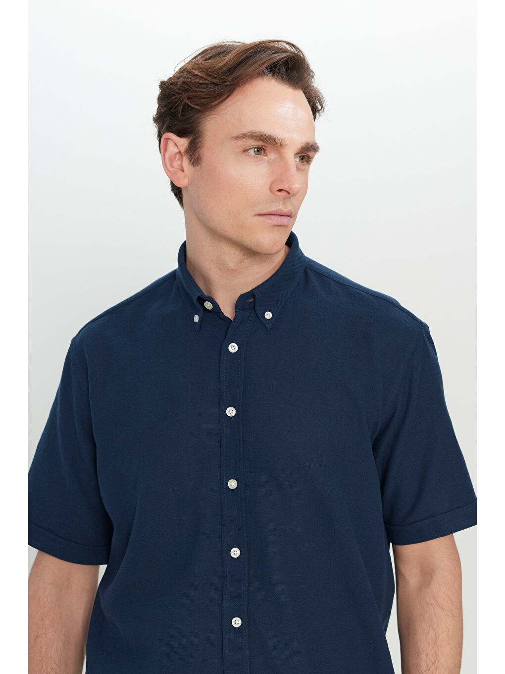 Erkek Lacivert %100 Pamuk Comfort Fit Rahat Kesim Düğmeli Gömlek Yaka Armürlü Gömlek-6