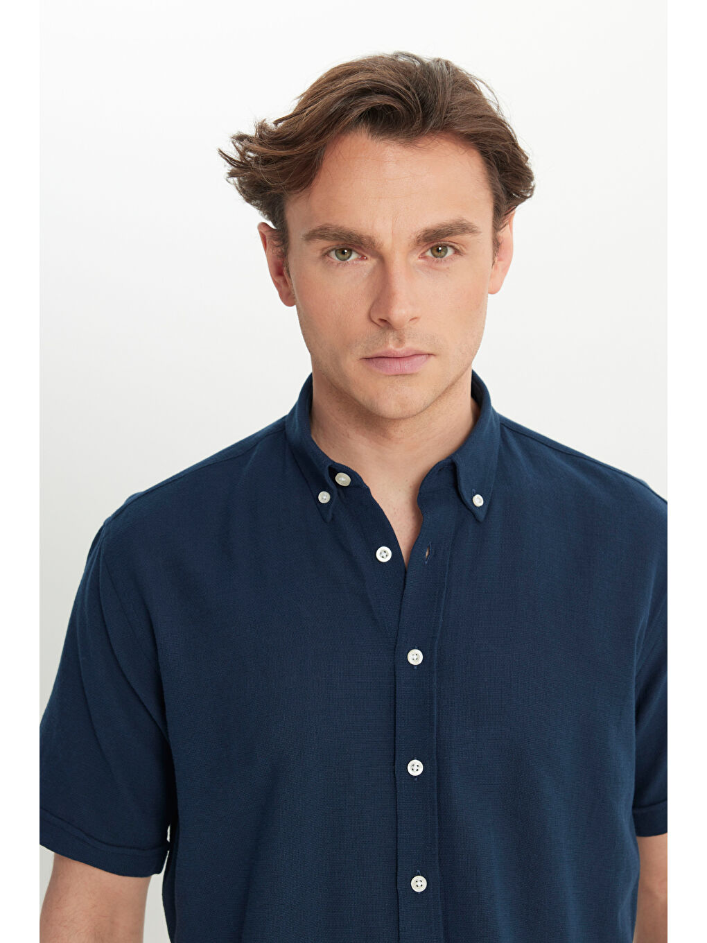 Erkek Lacivert %100 Pamuk Comfort Fit Rahat Kesim Düğmeli Gömlek Yaka Armürlü Gömlek-7