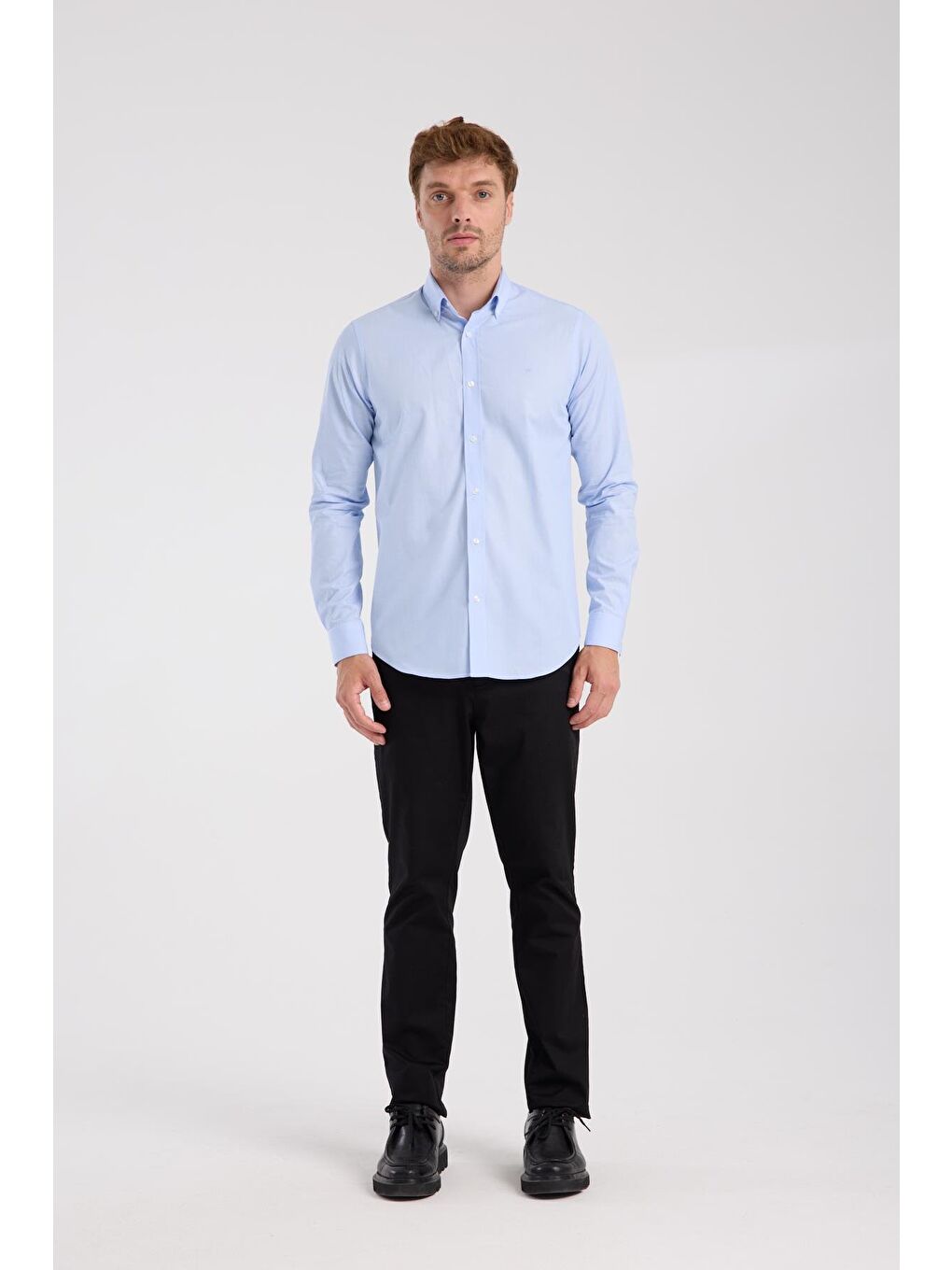 Aclub Ac10079 Poplin Pamuklu Slim Fit Açık Mavi Düğmeli Yaka Erkek Düz Gömlek