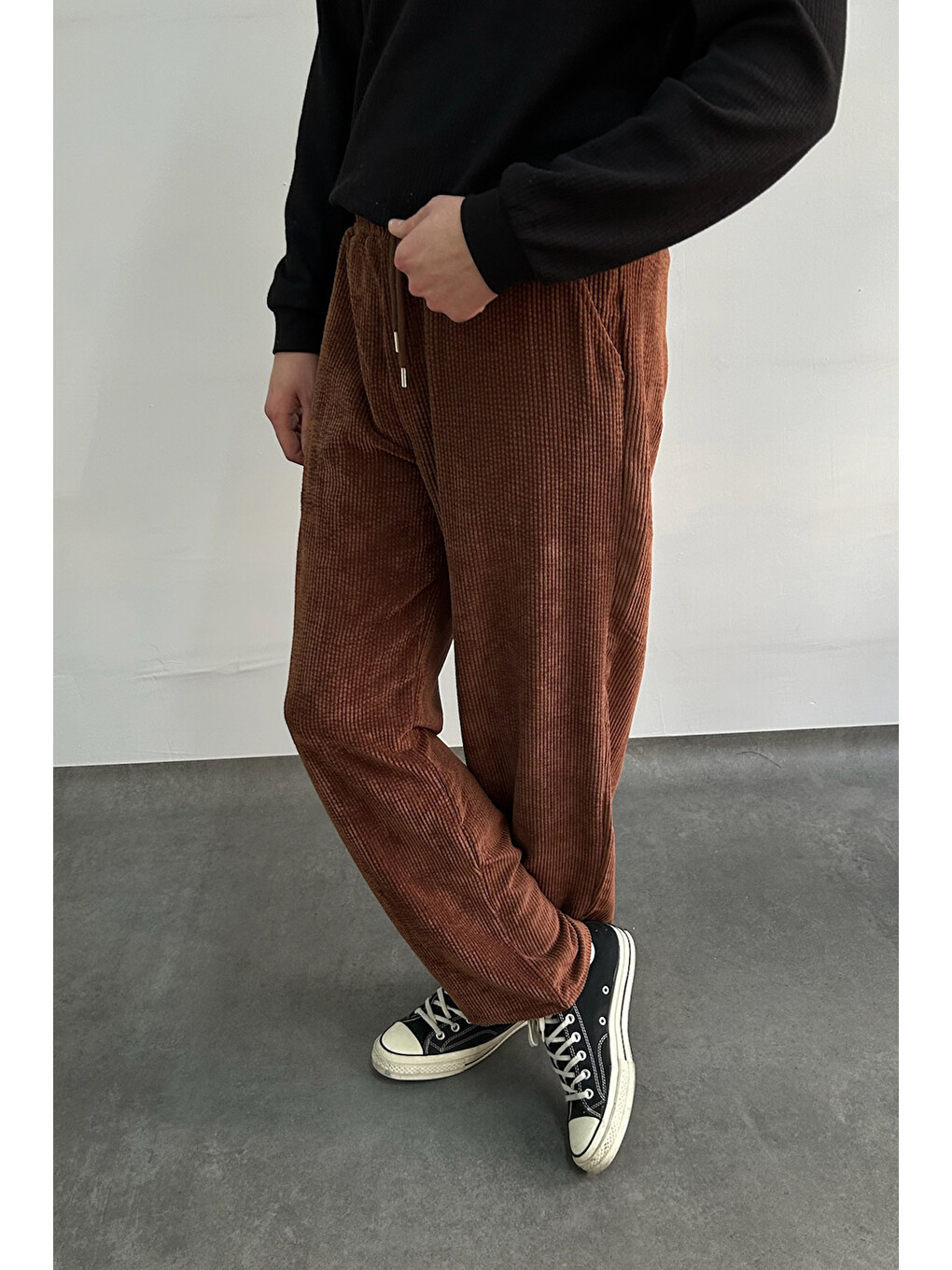 Kahverengi Erkek Beli Lastikli Baggy Kalıp Kadife Pantolon-2