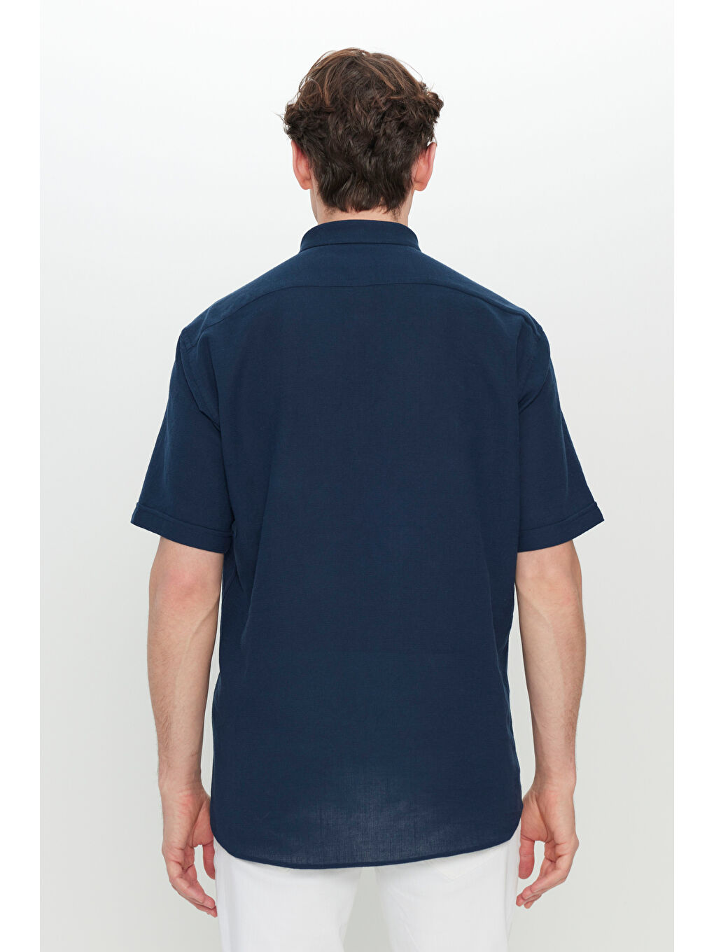 Erkek Lacivert %100 Pamuk Comfort Fit Rahat Kesim Düğmeli Gömlek Yaka Armürlü Gömlek-8