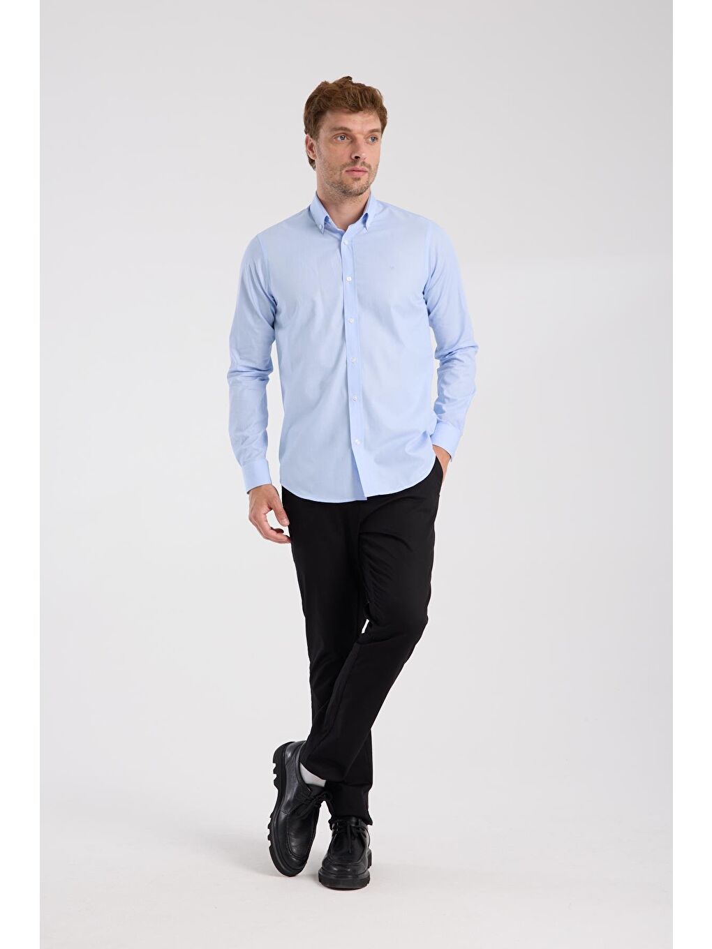 Aclub Ac10079 Poplin Pamuklu Slim Fit Açık Mavi Düğmeli Yaka Erkek Düz Gömlek-1