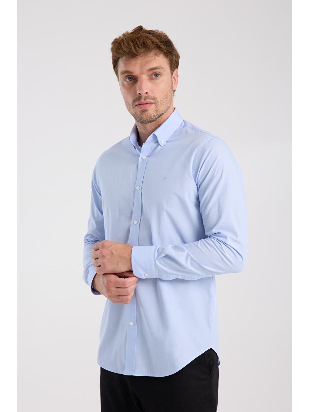 Aclub Ac10079 Poplin Pamuklu Slim Fit Açık Mavi Düğmeli Yaka Erkek Düz Gömlek-2