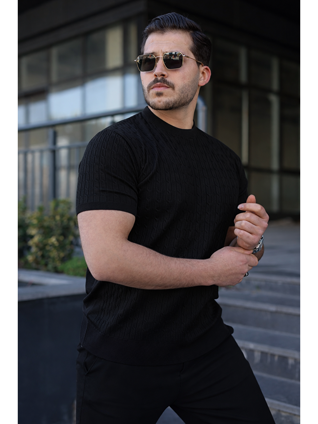 Erkek Premium Çizgili Yazlık Siyah Dar Triko Tişört