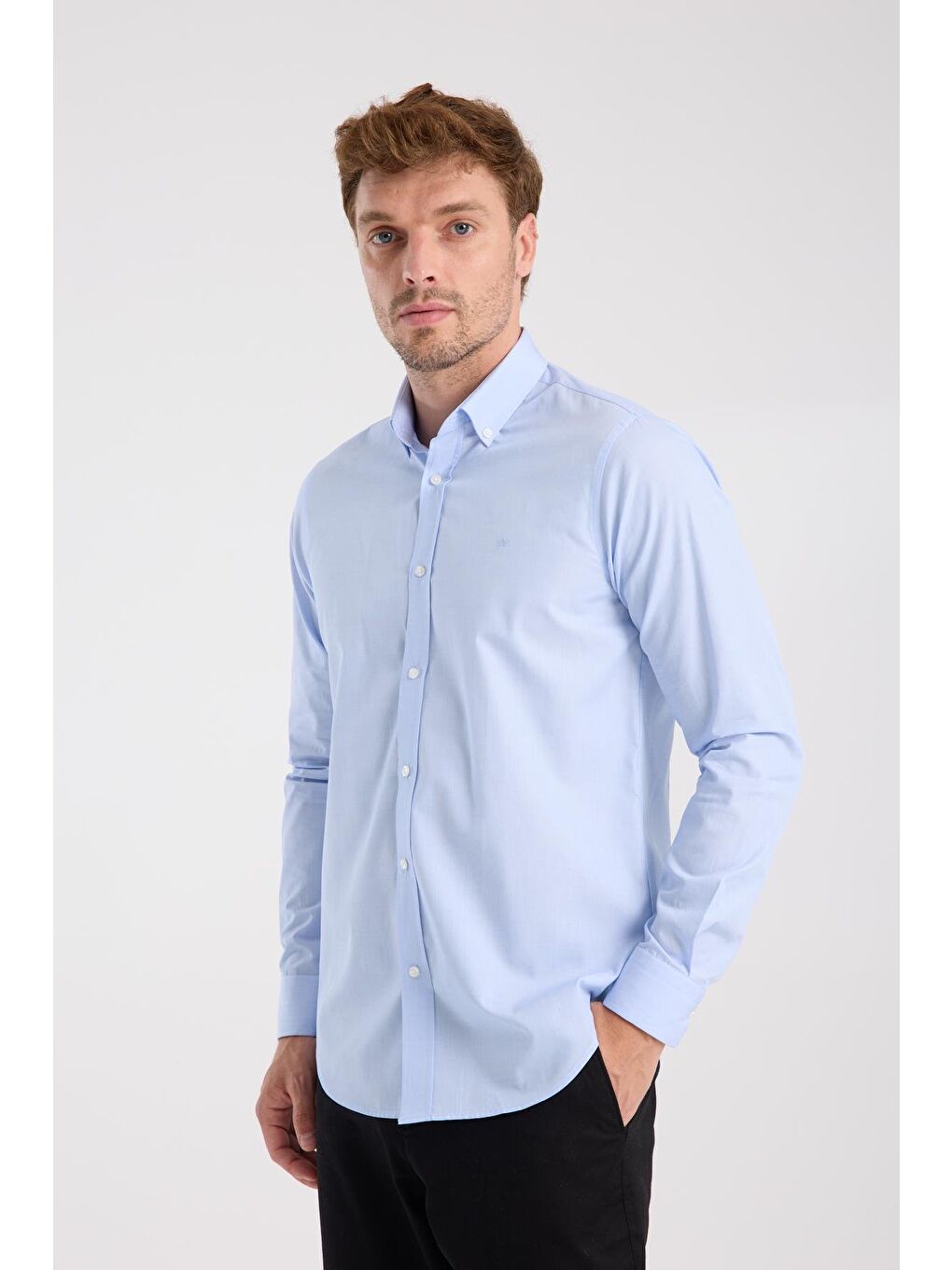 Aclub Ac10079 Poplin Pamuklu Slim Fit Açık Mavi Düğmeli Yaka Erkek Düz Gömlek-3