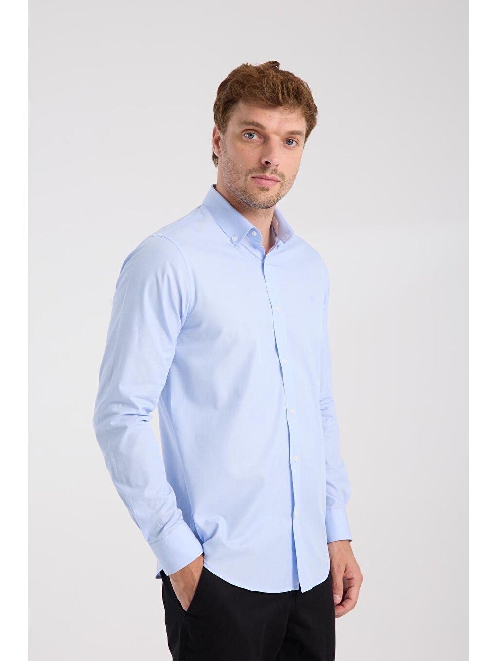 Aclub Ac10079 Poplin Pamuklu Slim Fit Açık Mavi Düğmeli Yaka Erkek Düz Gömlek-4