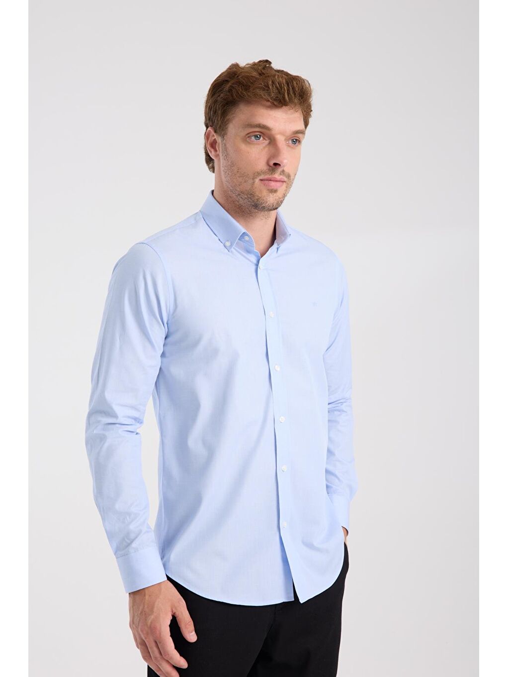 Aclub Ac10079 Poplin Pamuklu Slim Fit Açık Mavi Düğmeli Yaka Erkek Düz Gömlek-5