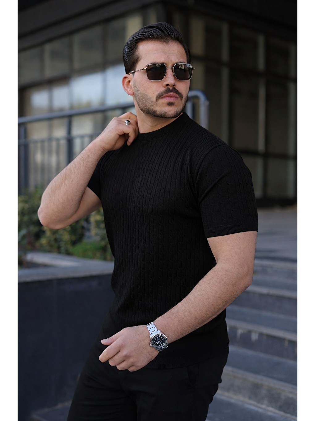 Erkek Premium Çizgili Yazlık Siyah Dar Triko Tişört-1