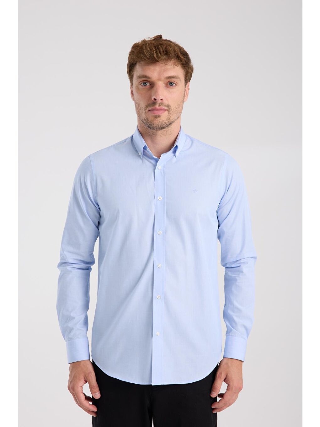 Aclub Ac10079 Poplin Pamuklu Slim Fit Açık Mavi Düğmeli Yaka Erkek Düz Gömlek-6