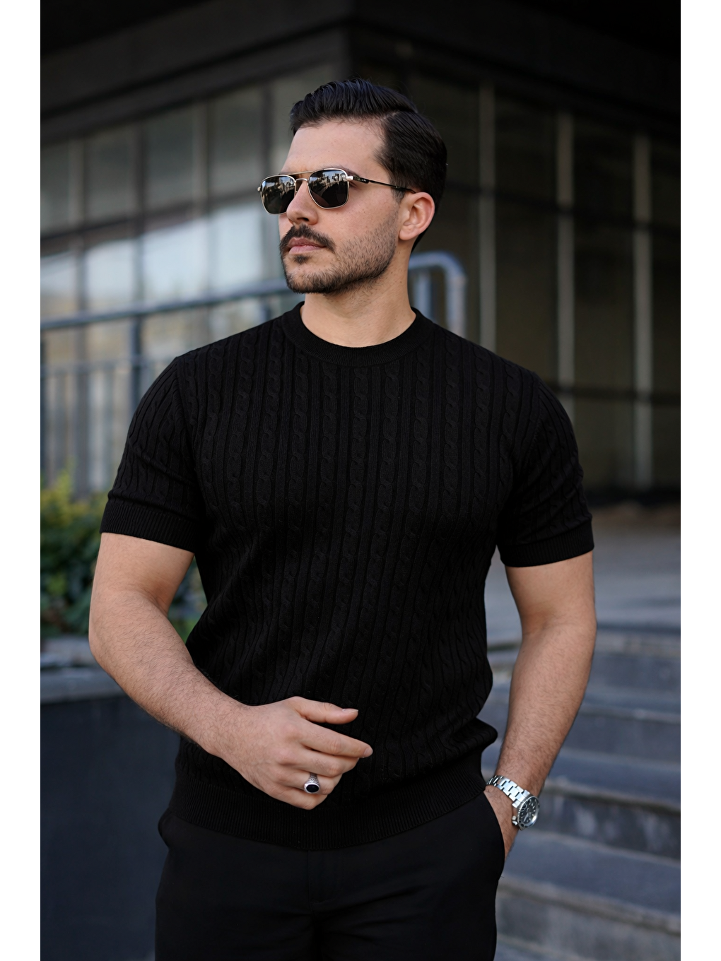 Erkek Premium Çizgili Yazlık Siyah Dar Triko Tişört-2