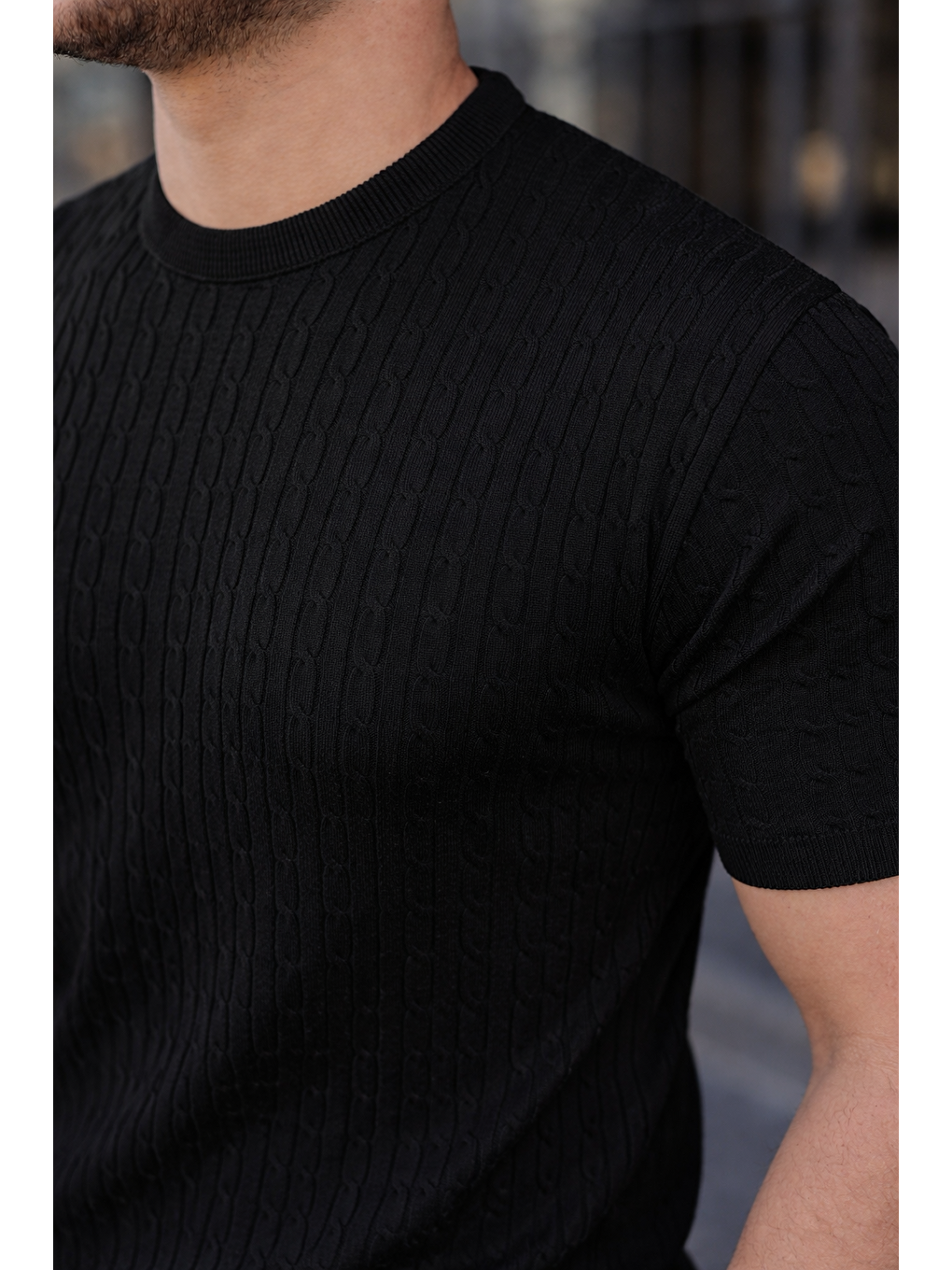 Erkek Premium Çizgili Yazlık Siyah Dar Triko Tişört-3