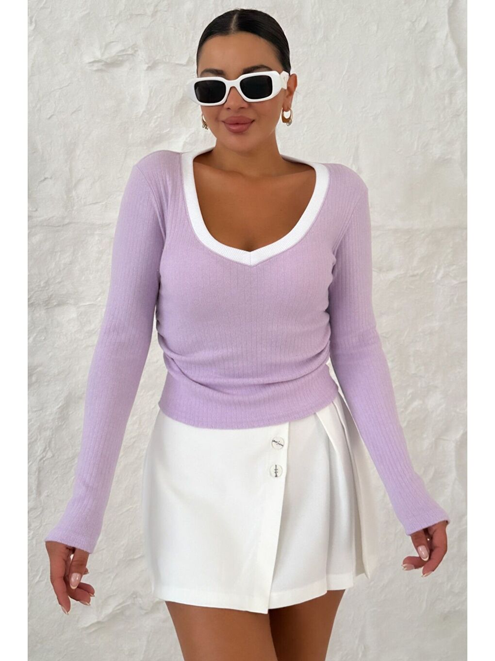 Mor Kadın Eflatun V Yakalı Biyeli Uzun Kollu İnterlok Bluz