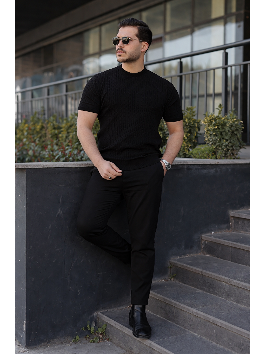 Erkek Premium Çizgili Yazlık Siyah Dar Triko Tişört-4