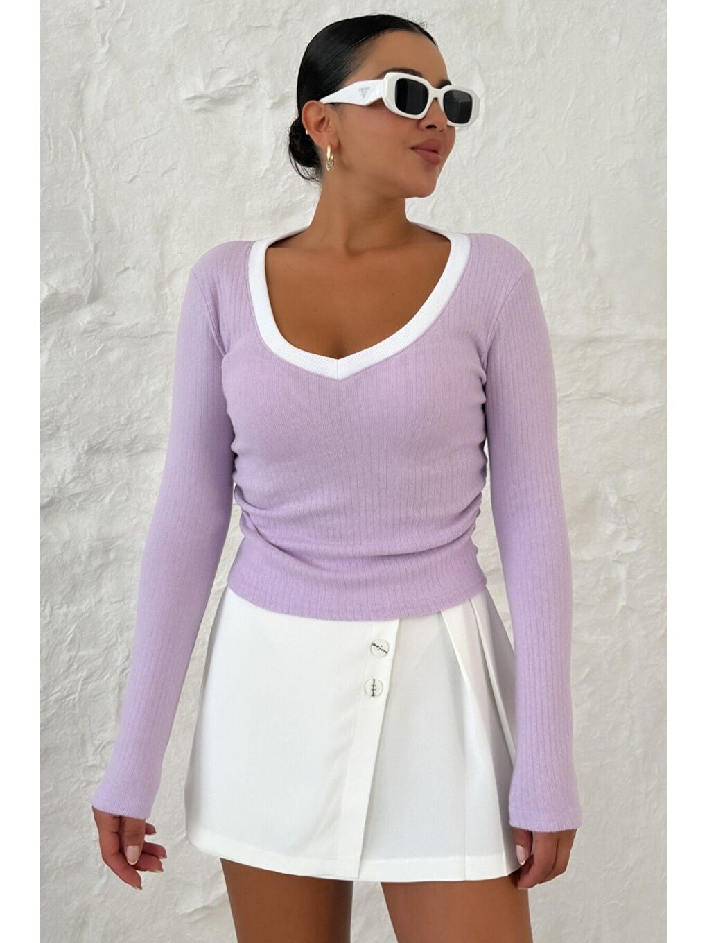 Mor Kadın Eflatun V Yakalı Biyeli Uzun Kollu İnterlok Bluz-1