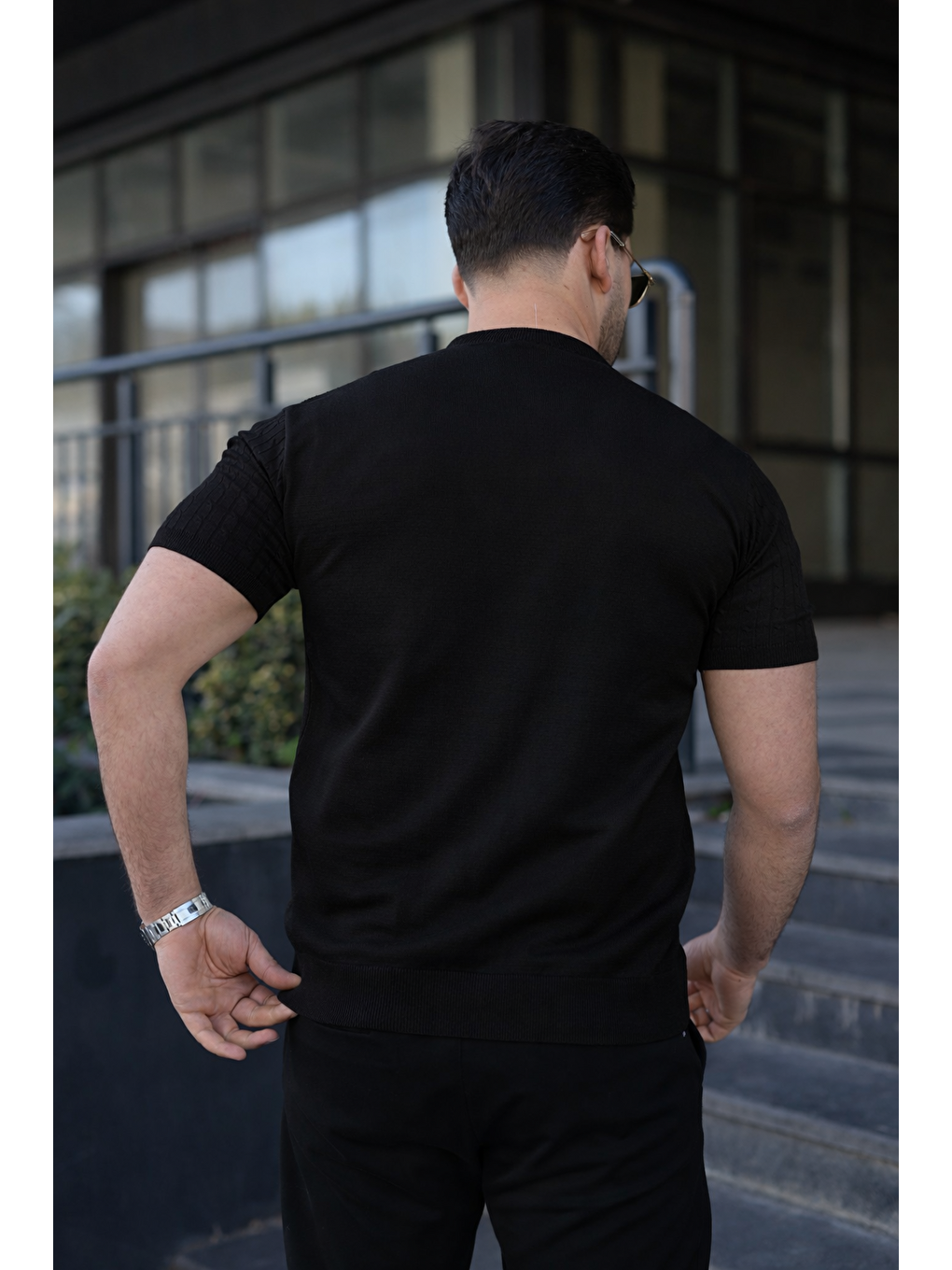 Erkek Premium Çizgili Yazlık Siyah Dar Triko Tişört-5