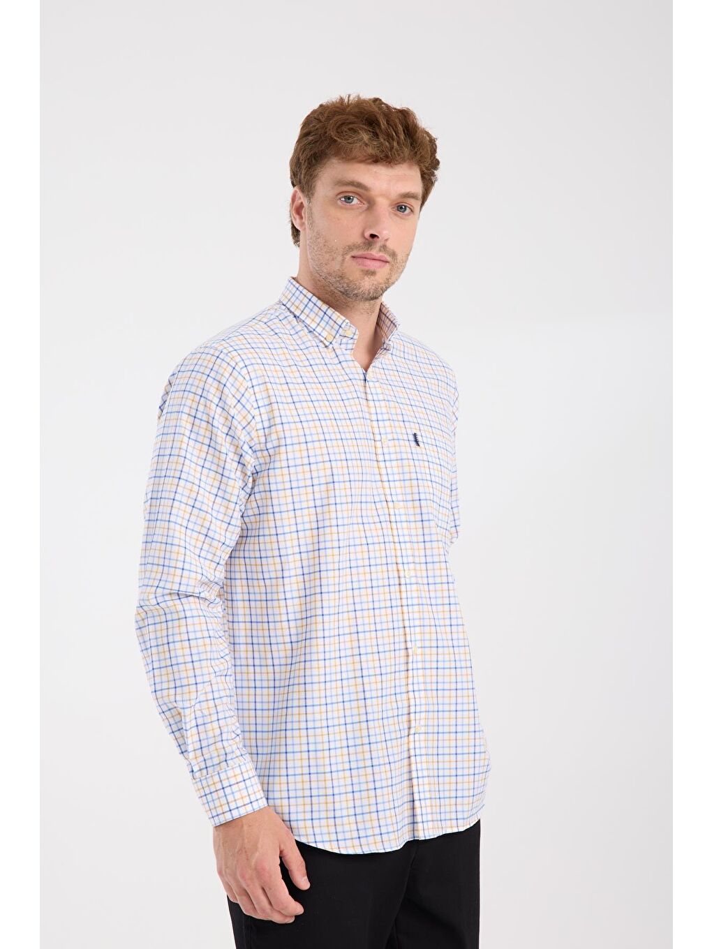 Aclub Ac10077 Oxford Pamuk Karışımlı Regular Fit Sarı Düğmeli Yaka Erkek Kareli Gömlek-2