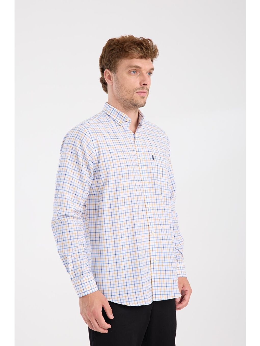 Aclub Ac10077 Oxford Pamuk Karışımlı Regular Fit Sarı Düğmeli Yaka Erkek Kareli Gömlek-3
