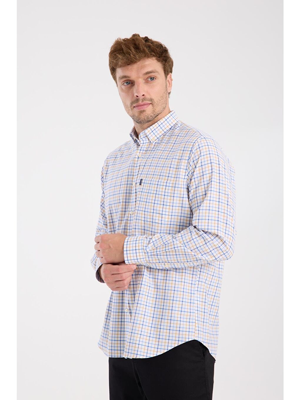 Aclub Ac10077 Oxford Pamuk Karışımlı Regular Fit Sarı Düğmeli Yaka Erkek Kareli Gömlek-4