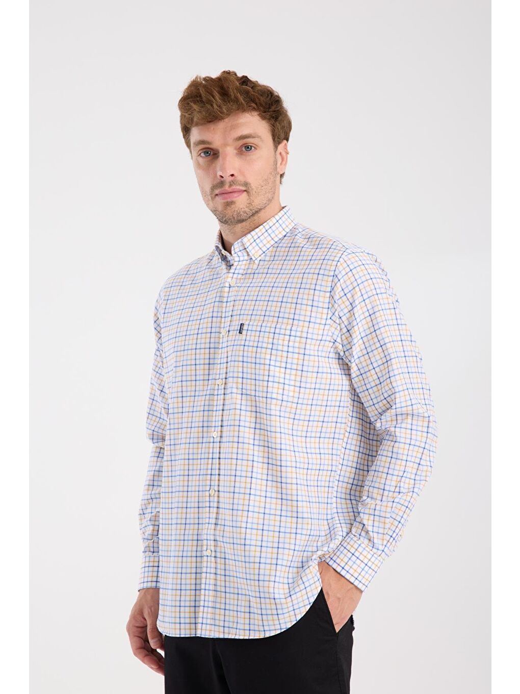 Aclub Ac10077 Oxford Pamuk Karışımlı Regular Fit Sarı Düğmeli Yaka Erkek Kareli Gömlek-5