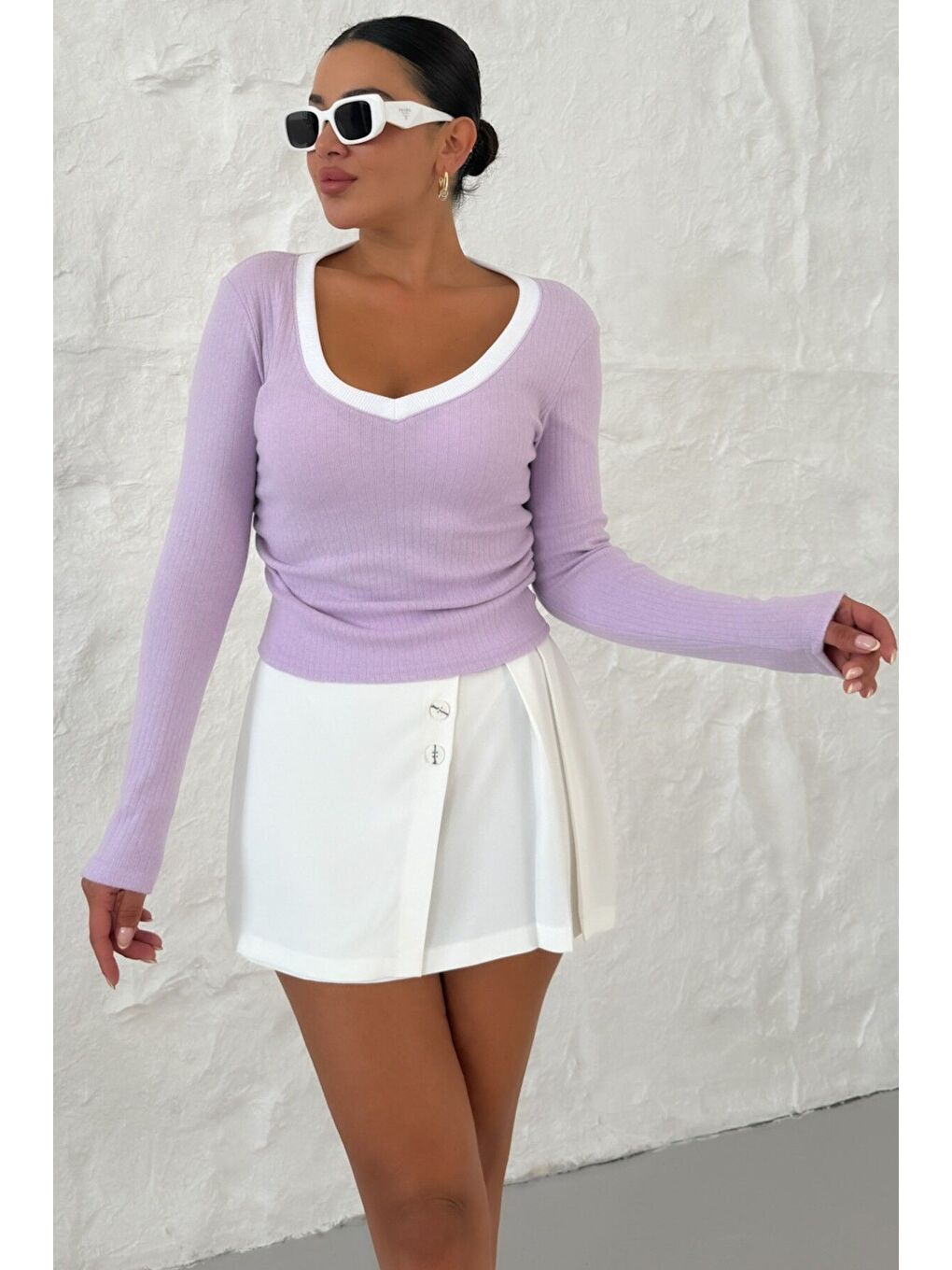 Mor Kadın Eflatun V Yakalı Biyeli Uzun Kollu İnterlok Bluz-2