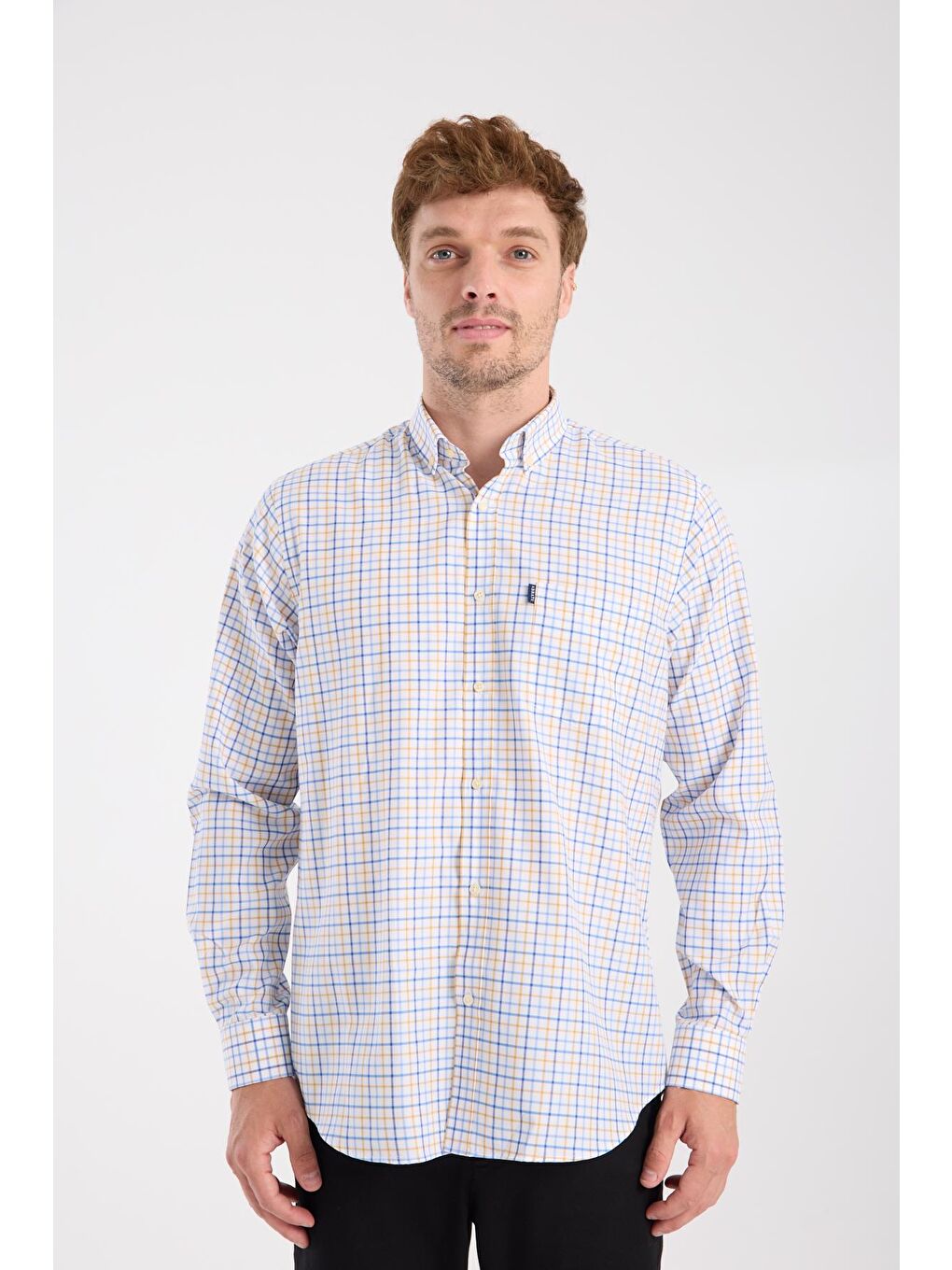 Aclub Ac10077 Oxford Pamuk Karışımlı Regular Fit Sarı Düğmeli Yaka Erkek Kareli Gömlek-6