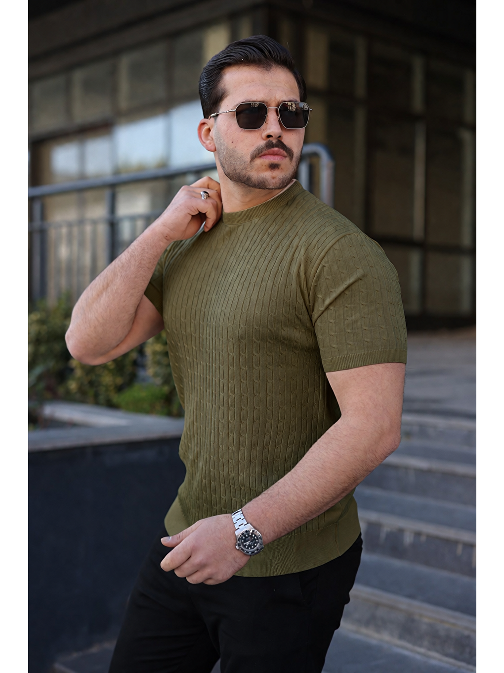 Erkek Premium Çizgili Yazlık Haki Dar Triko Tişört-1