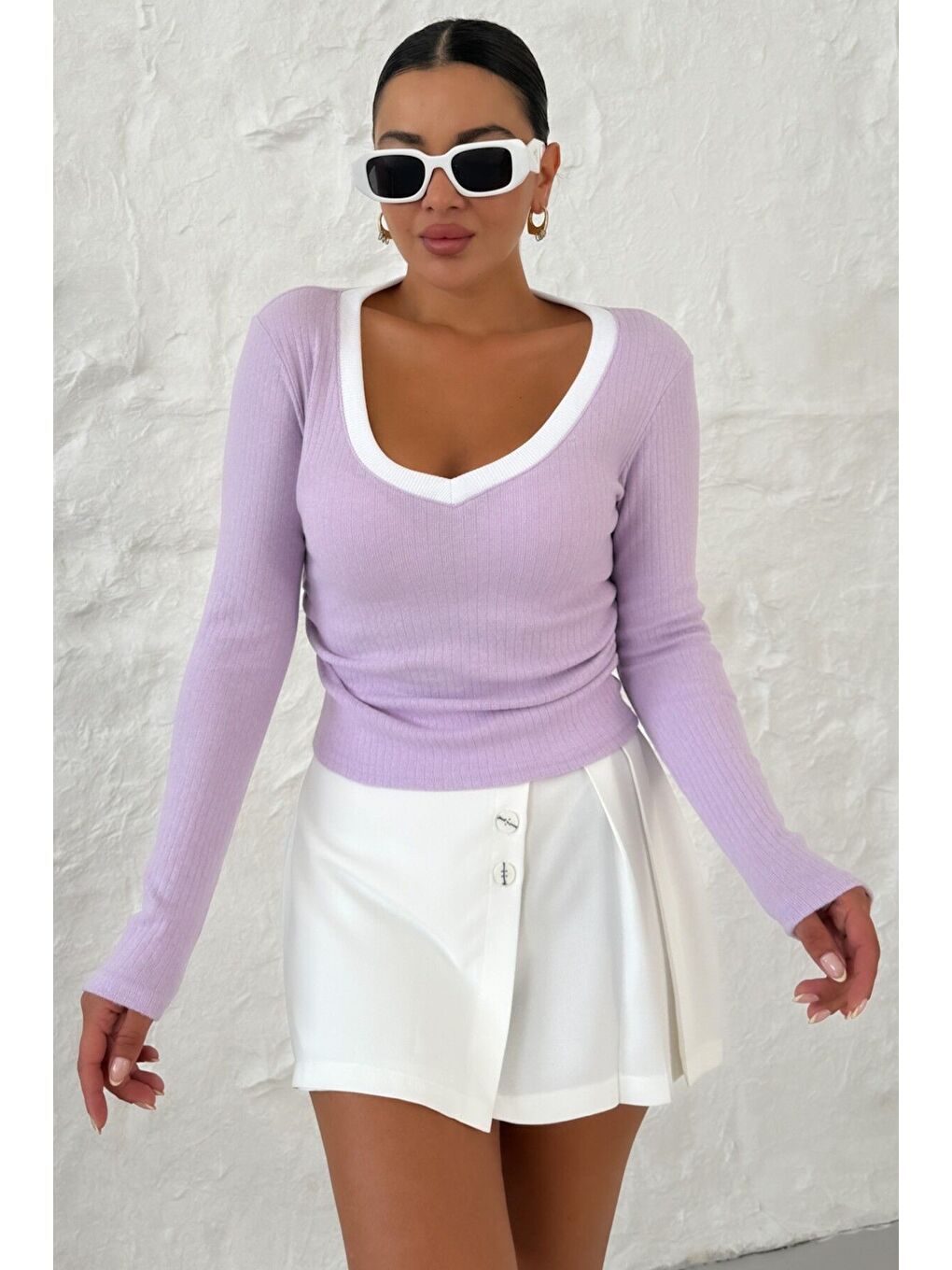 Mor Kadın Eflatun V Yakalı Biyeli Uzun Kollu İnterlok Bluz-3