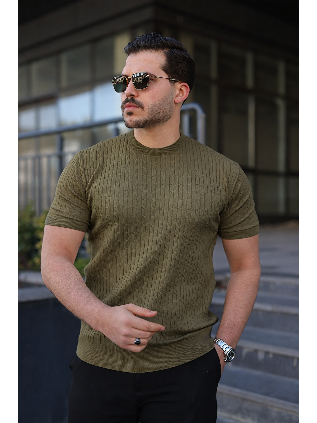 Erkek Premium Çizgili Yazlık Haki Dar Triko Tişört-2