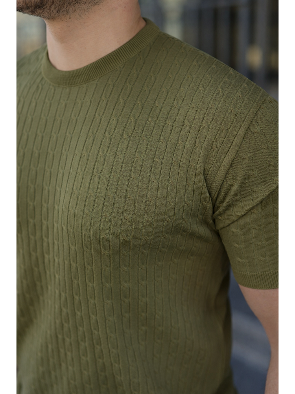 Erkek Premium Çizgili Yazlık Haki Dar Triko Tişört-3