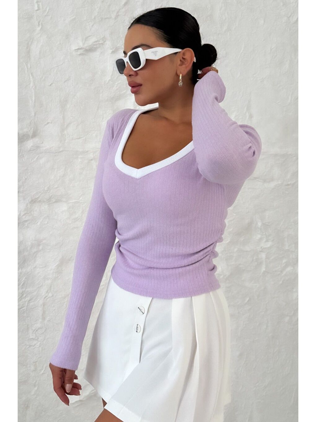 Mor Kadın Eflatun V Yakalı Biyeli Uzun Kollu İnterlok Bluz-4