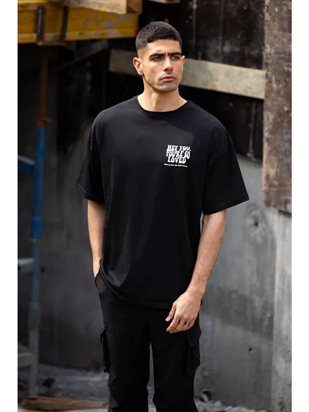 Unisex Bisiklet Yaka Baskılı Oversize T-Shirt - Siyah-2