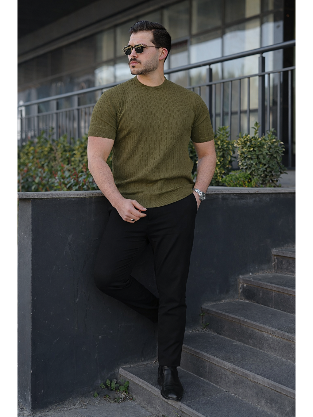 Erkek Premium Çizgili Yazlık Haki Dar Triko Tişört-4