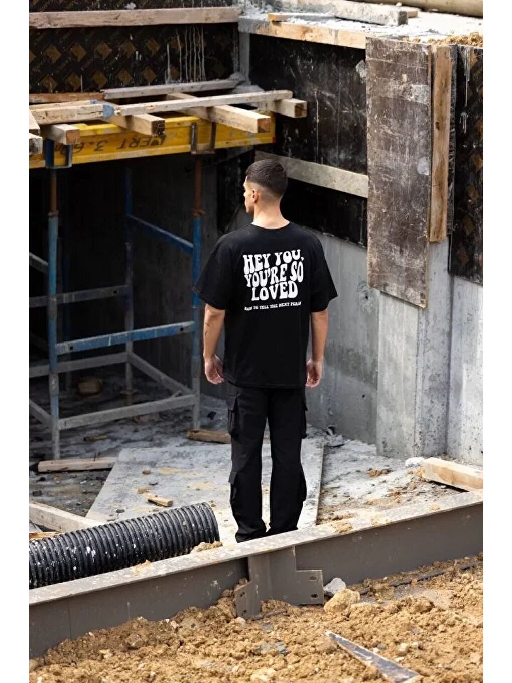 Unisex Bisiklet Yaka Baskılı Oversize T-Shirt - Siyah-3