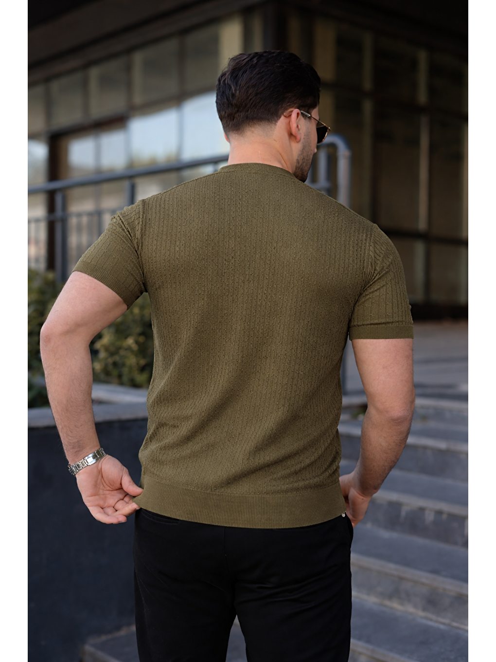 Erkek Premium Çizgili Yazlık Haki Dar Triko Tişört-5