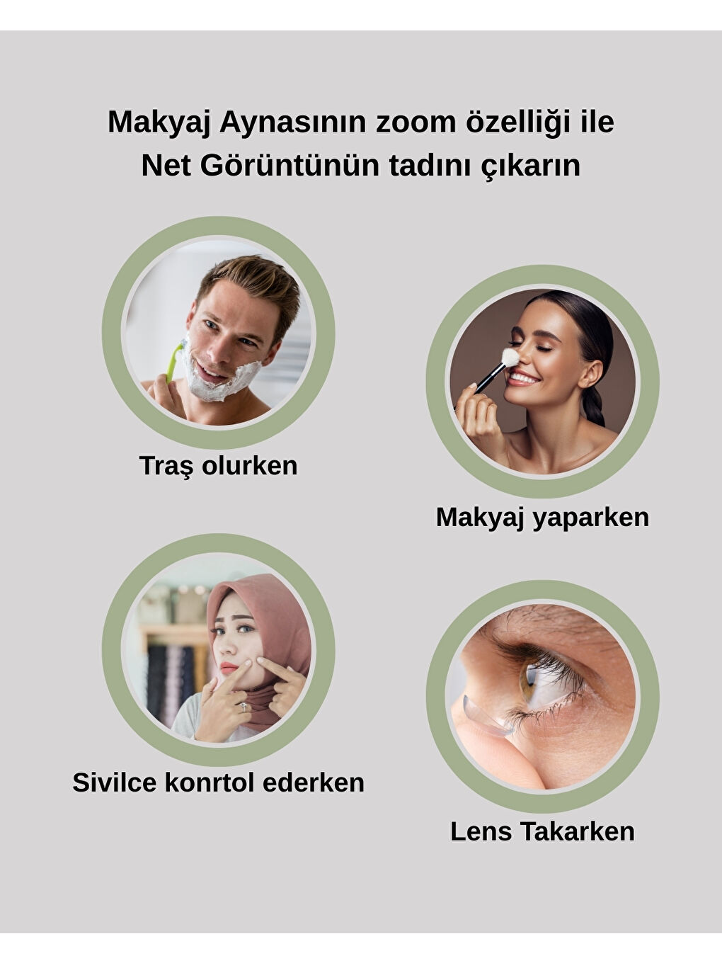 Duvara Monte Led Işıklı Krom Makyaj Aynası | Zoom Özellikli Premium Kozmetik Ayna | Otel Buklet Seri-7