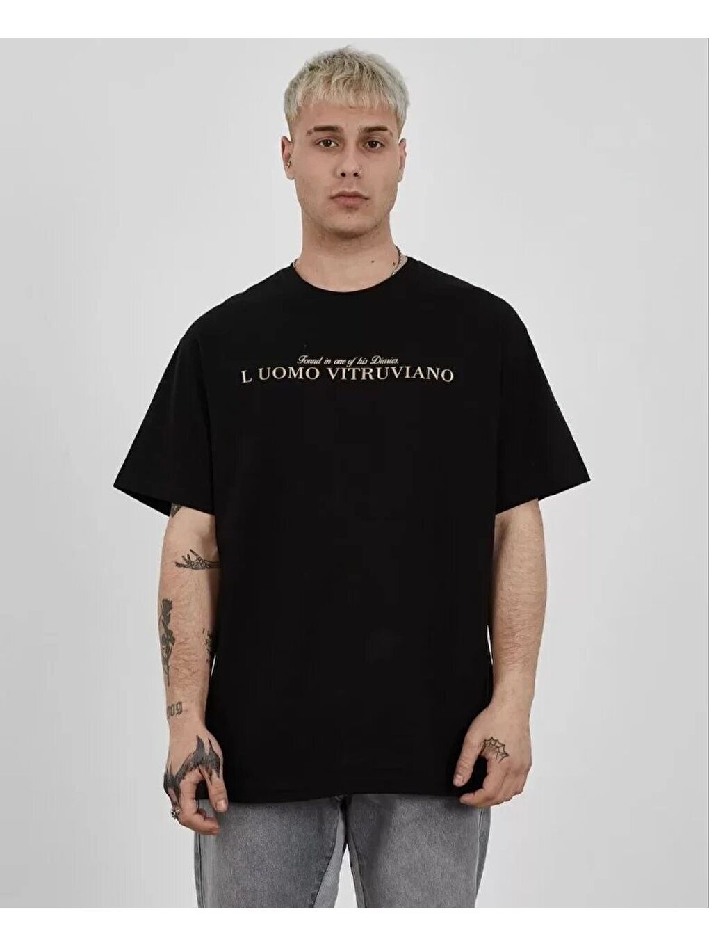 Unisex Bisiklet Yaka Baskılı Oversize T-Shirt - Siyah