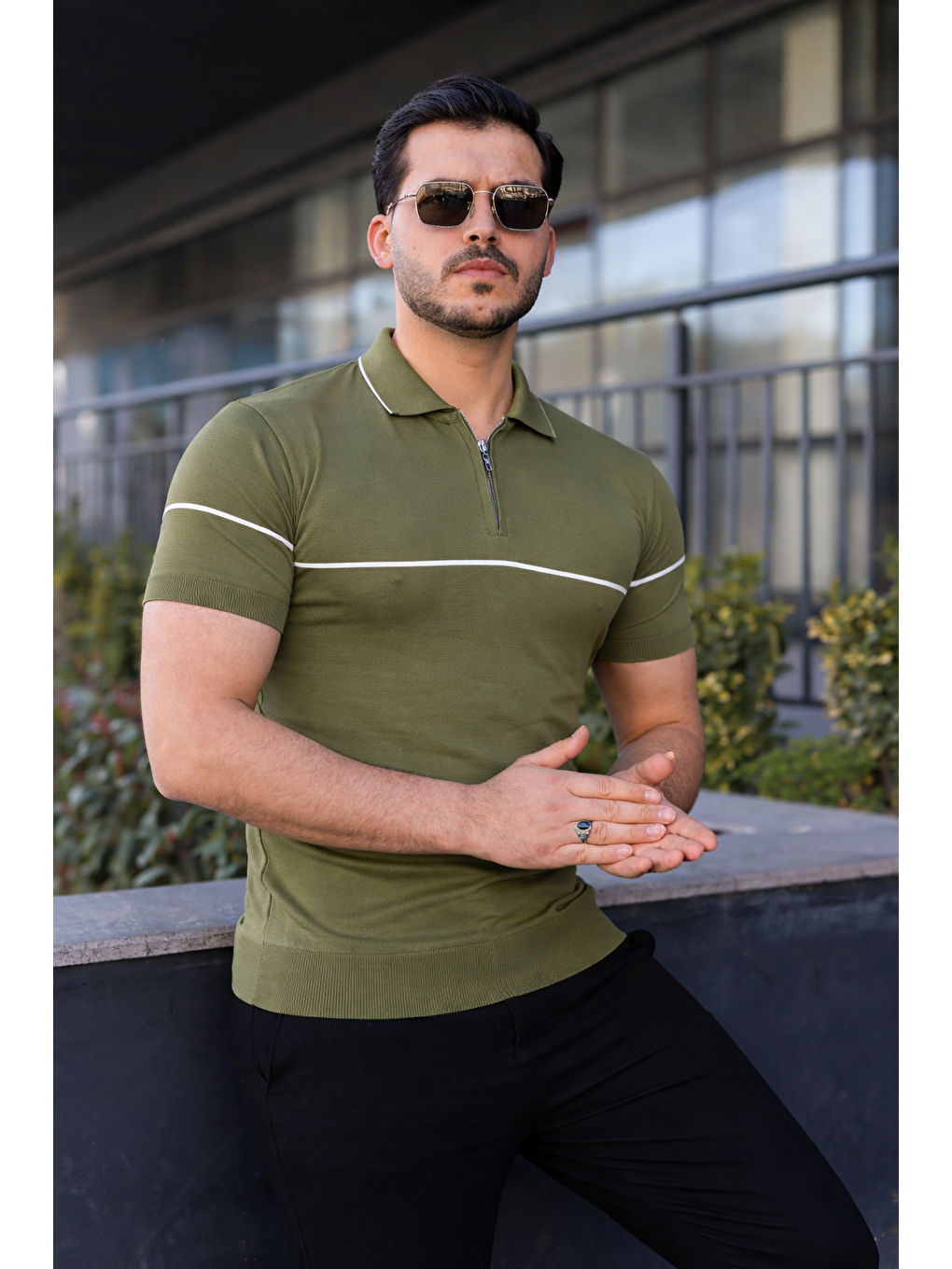 Erkek Günlük Çizgili Fermuarlı Triko Yeşil Polo Yaka Tişört-1