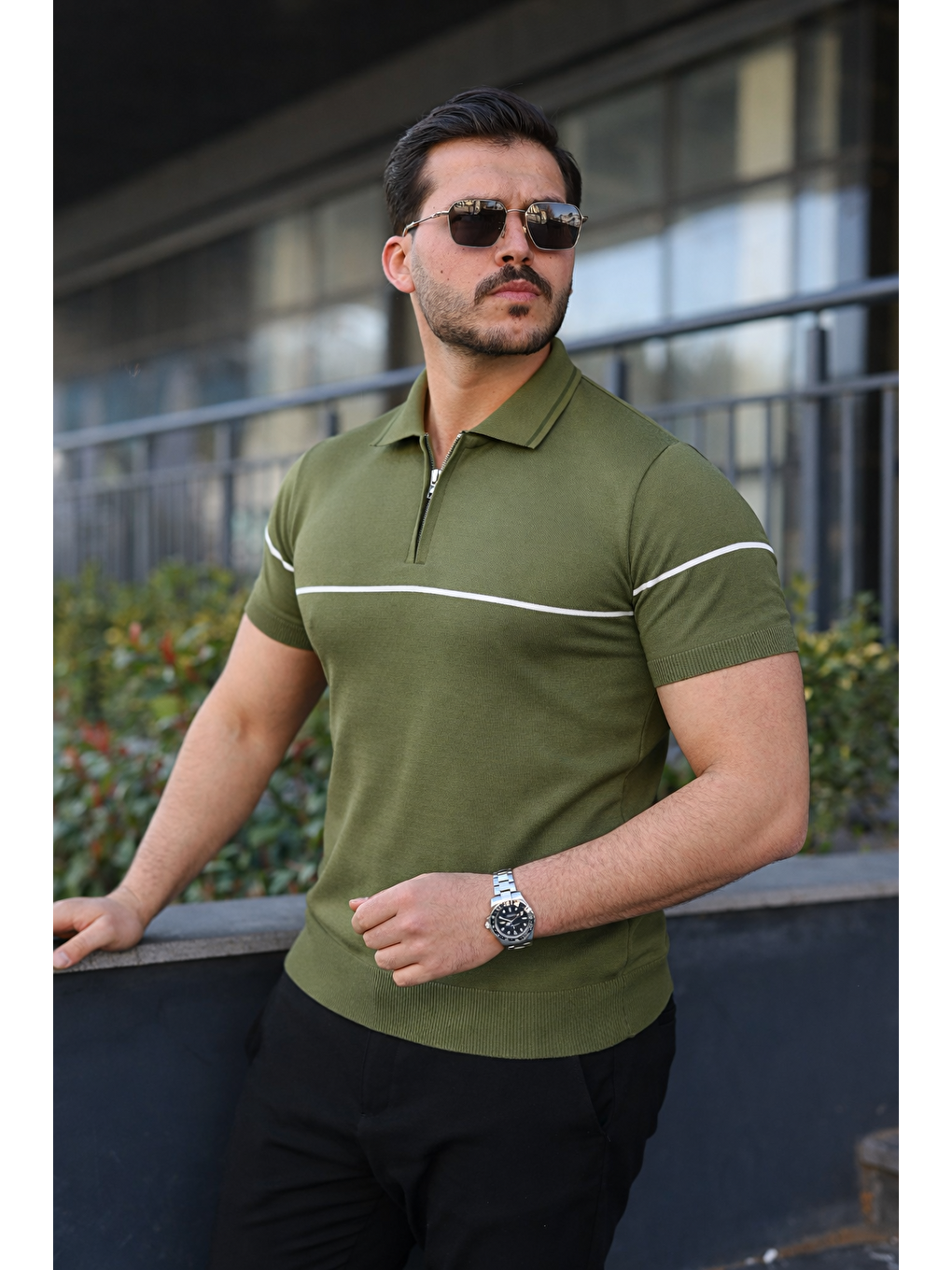 Erkek Günlük Çizgili Fermuarlı Triko Yeşil Polo Yaka Tişört-2