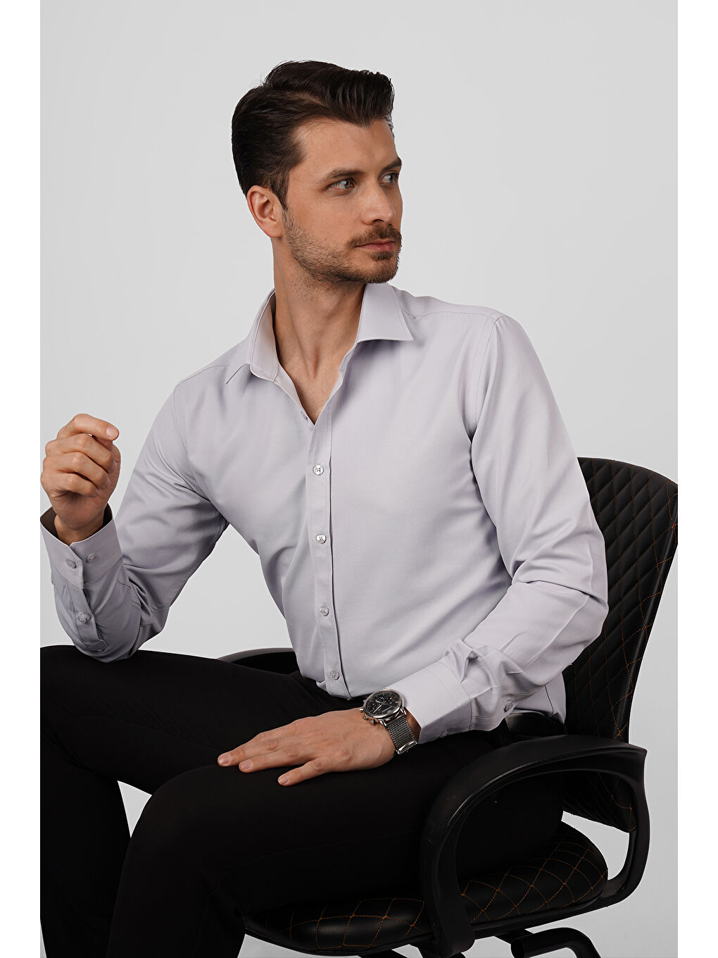 Gri Saten Slimfit Erkek Gömlek-1