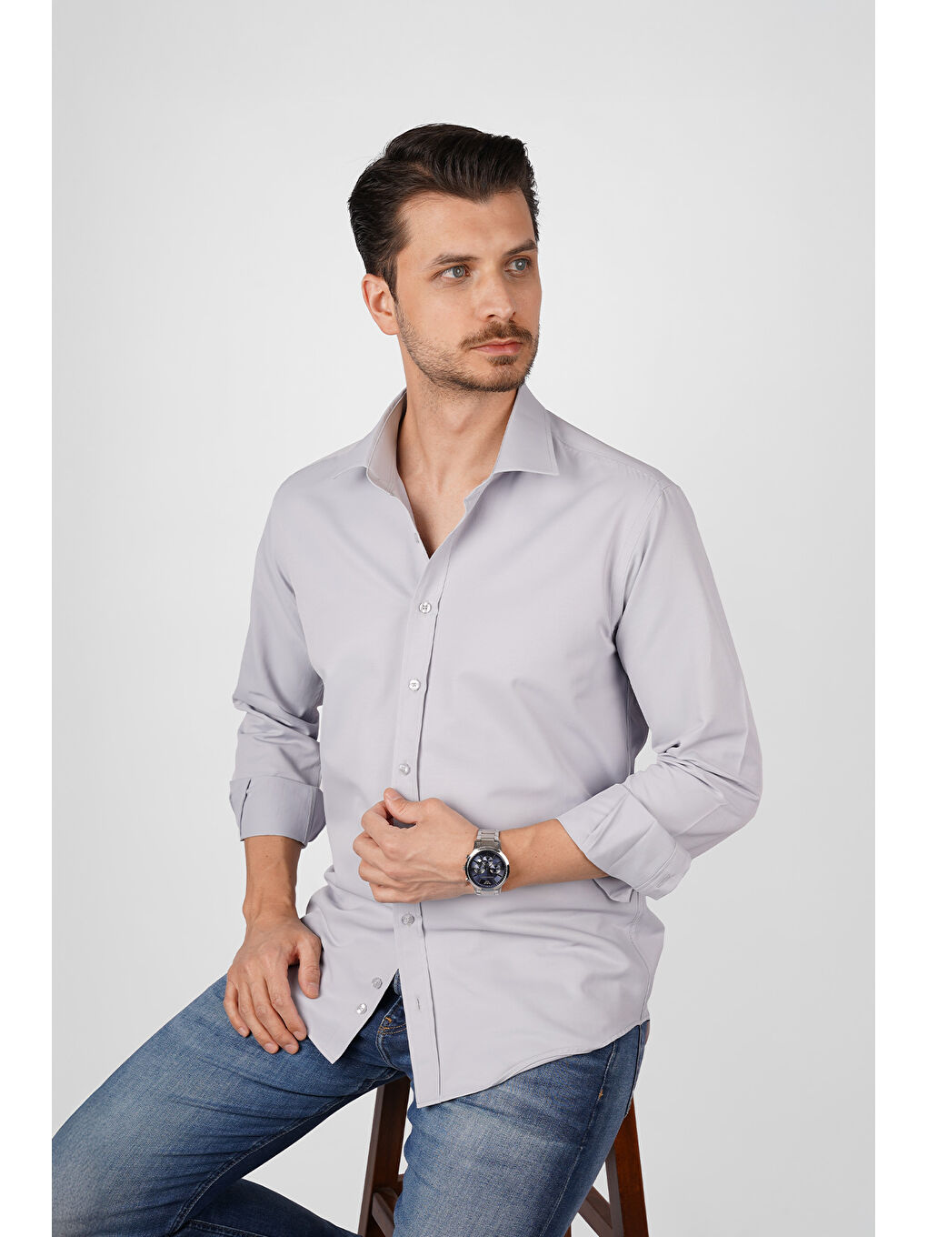Gri Saten Slimfit Erkek Gömlek-2
