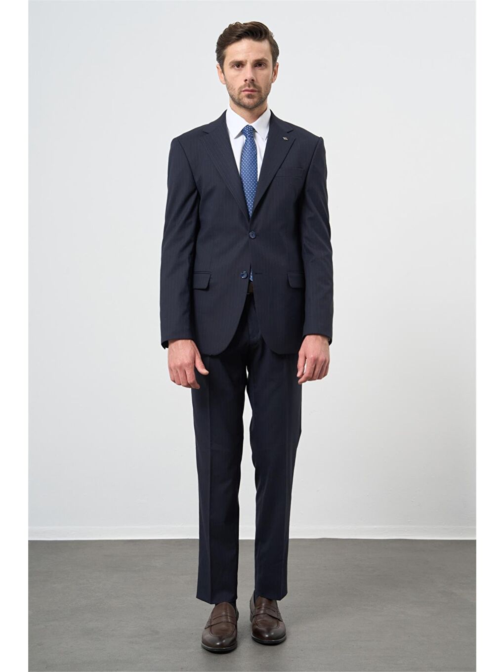 Lacivert Çizgili Mono Yaka Astarlı 6 Drop Slim Fit Dar Kesim Takım Elbise 1001245102-3