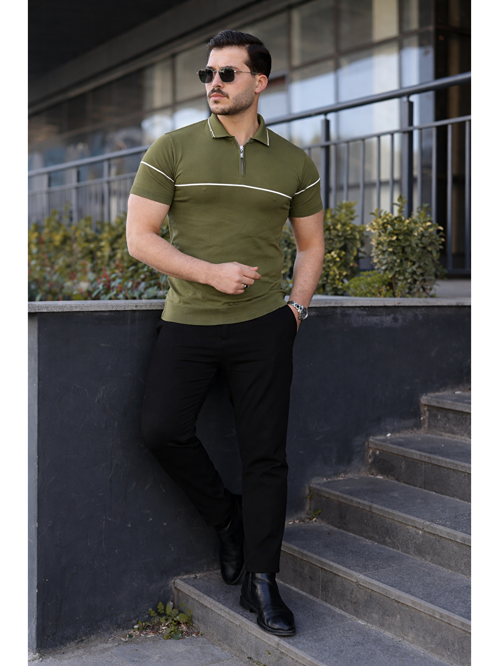 Erkek Günlük Çizgili Fermuarlı Triko Yeşil Polo Yaka Tişört-4