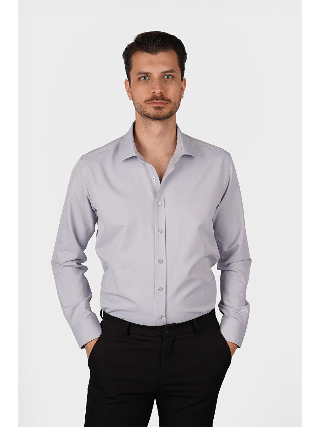 Gri Saten Slimfit Erkek Gömlek-3