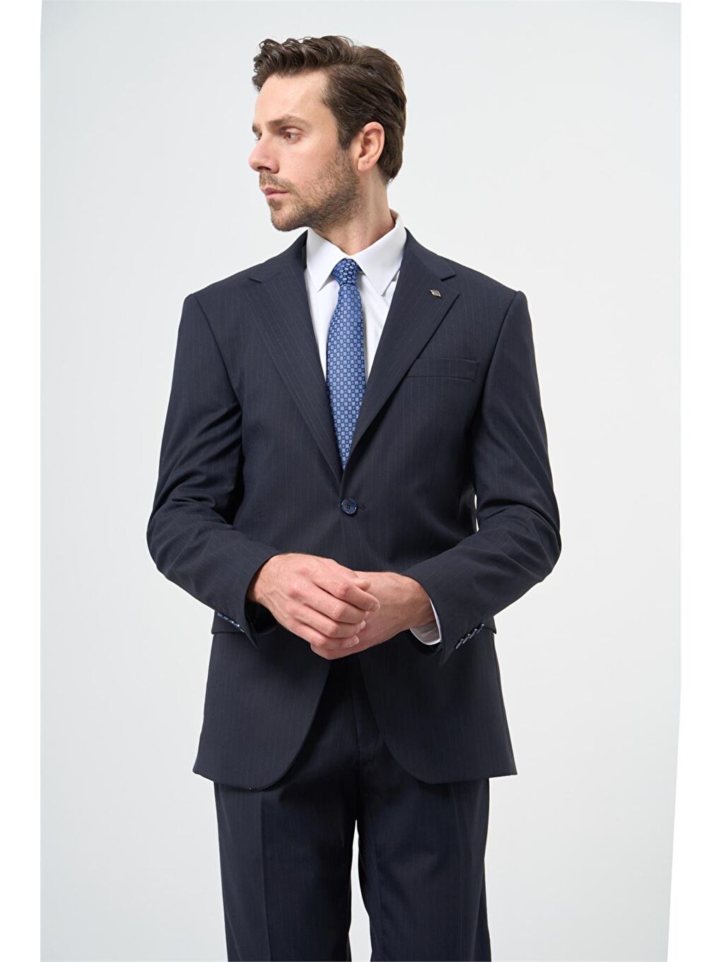 Lacivert Çizgili Mono Yaka Astarlı 6 Drop Slim Fit Dar Kesim Takım Elbise 1001245102-4