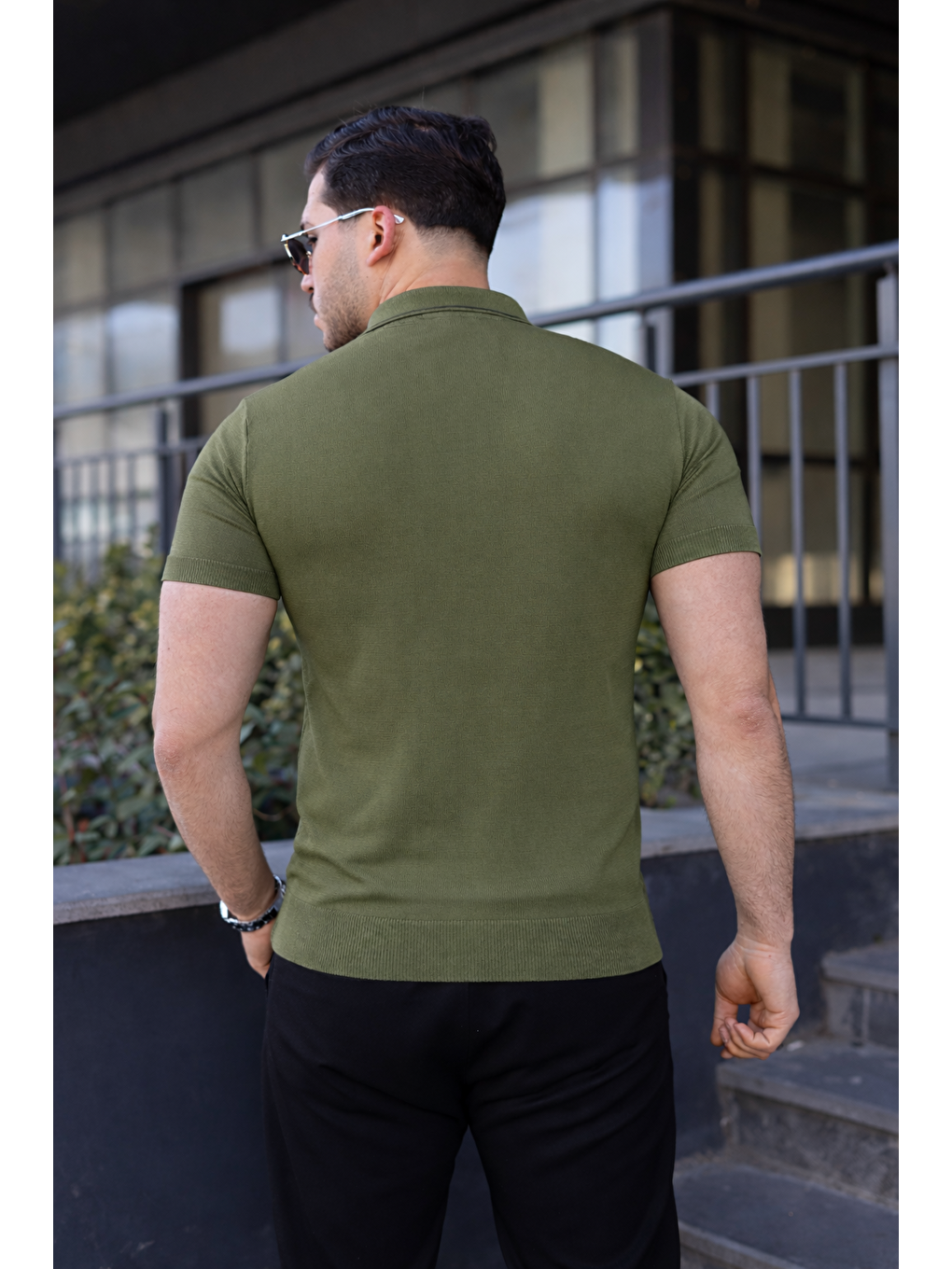 Erkek Günlük Çizgili Fermuarlı Triko Yeşil Polo Yaka Tişört-5