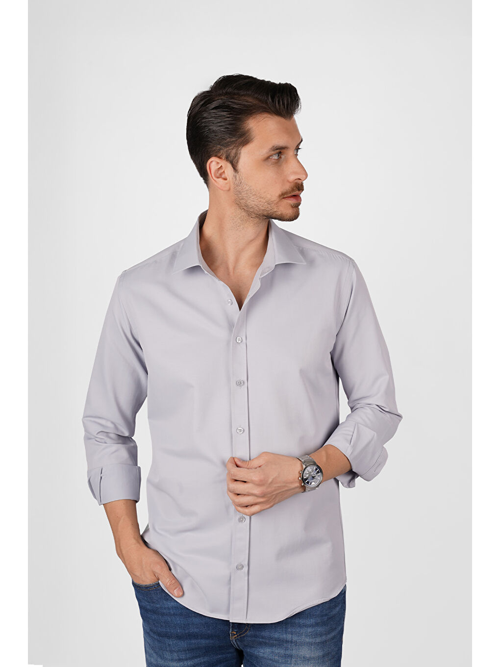 Gri Saten Slimfit Erkek Gömlek-4