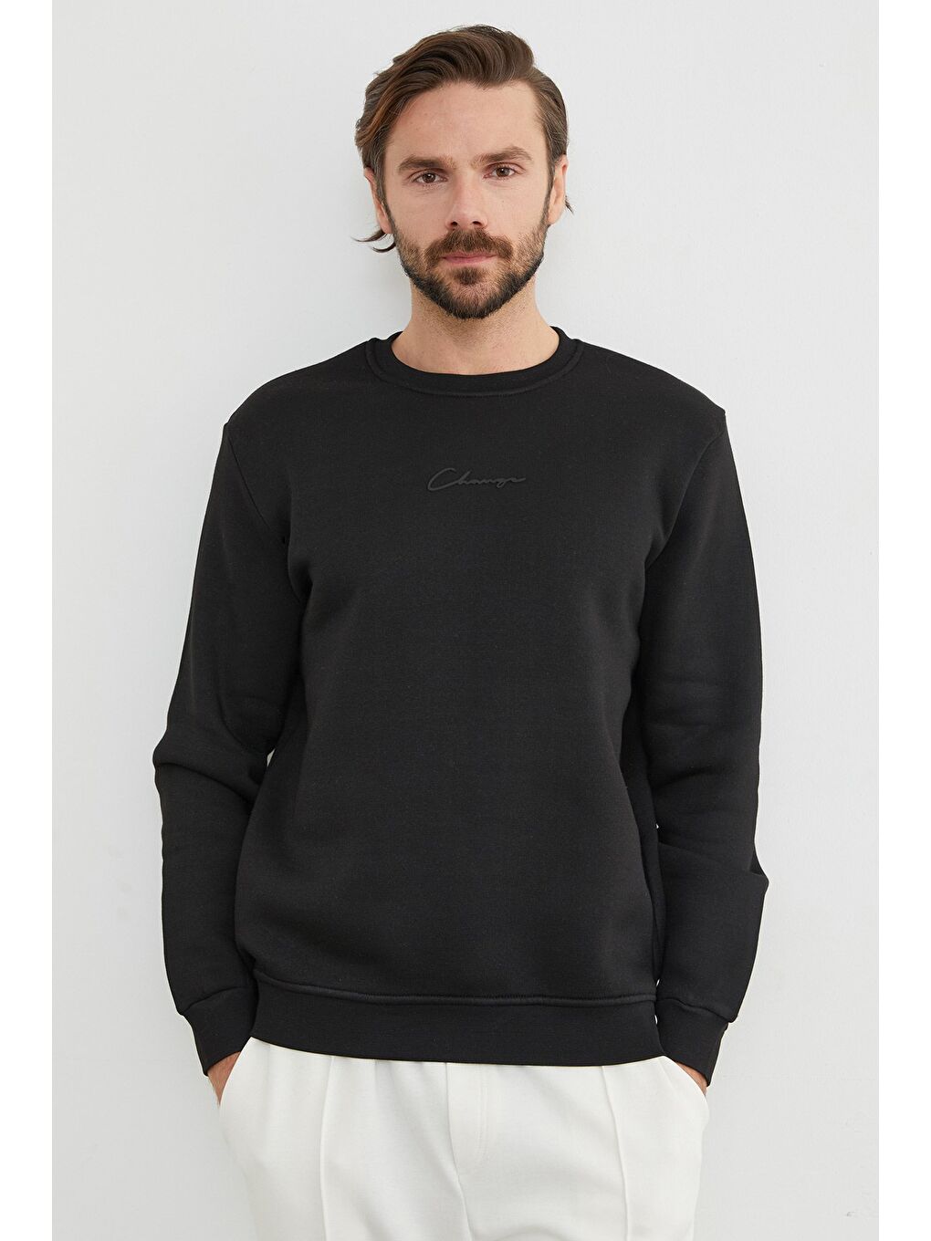 Siyah 3 İplik Yazı Baskılı Bisiklet Yaka Sweatshirt