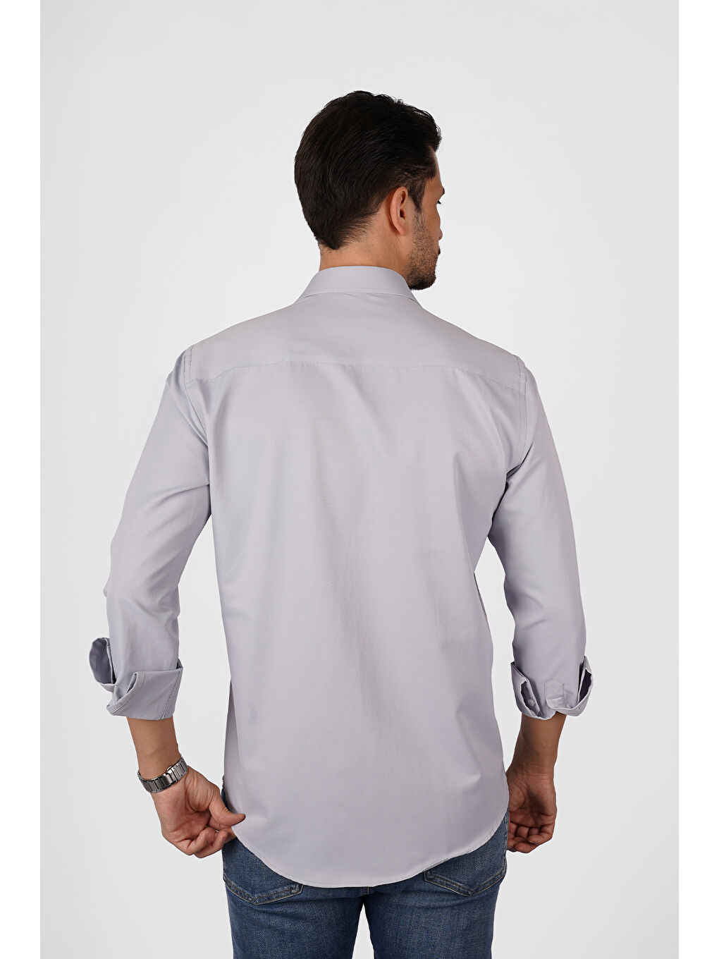 Gri Saten Slimfit Erkek Gömlek-5